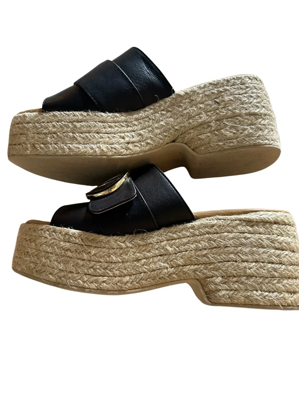 Valentino Black Leather Slide espadrille Sandals with Gold Logo Medallions sz 7